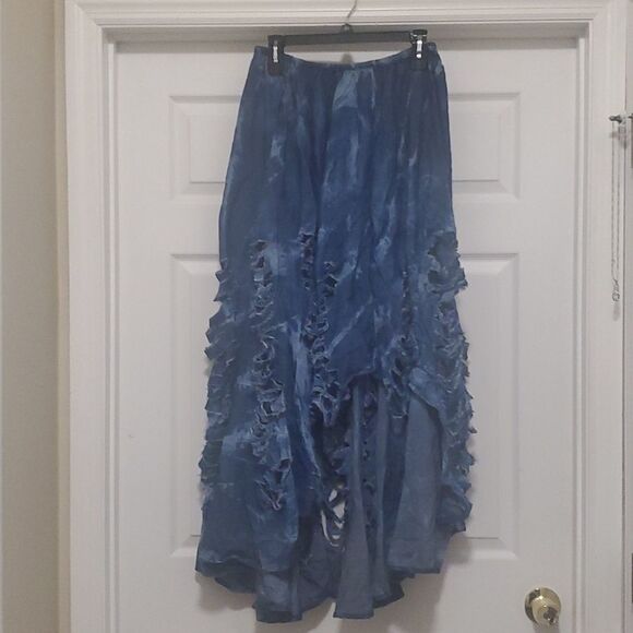 Womans one size blue tie dye destroyed asymmetrical strapless  jean dress - Picture 1 of 8